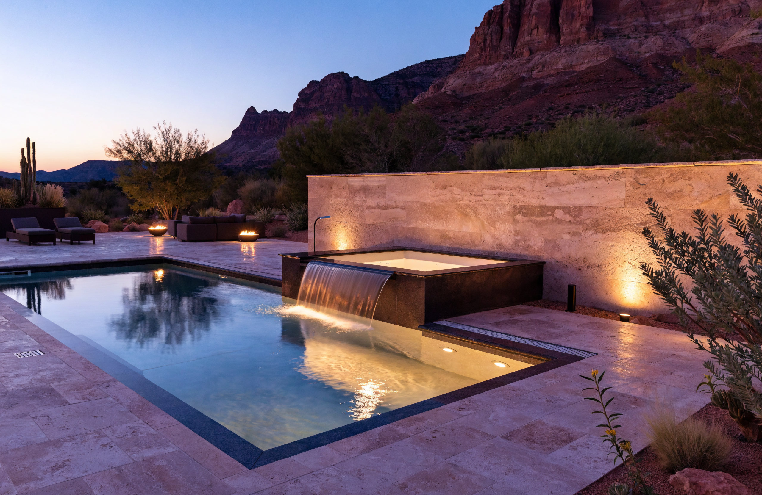 Modern Southern Utah backyard pool and spa with fire bowls and red-rock cliffs at dusk